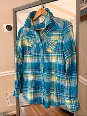 Women's Ariat Blue Yellow Plaid Fitted Button Down Shirt S